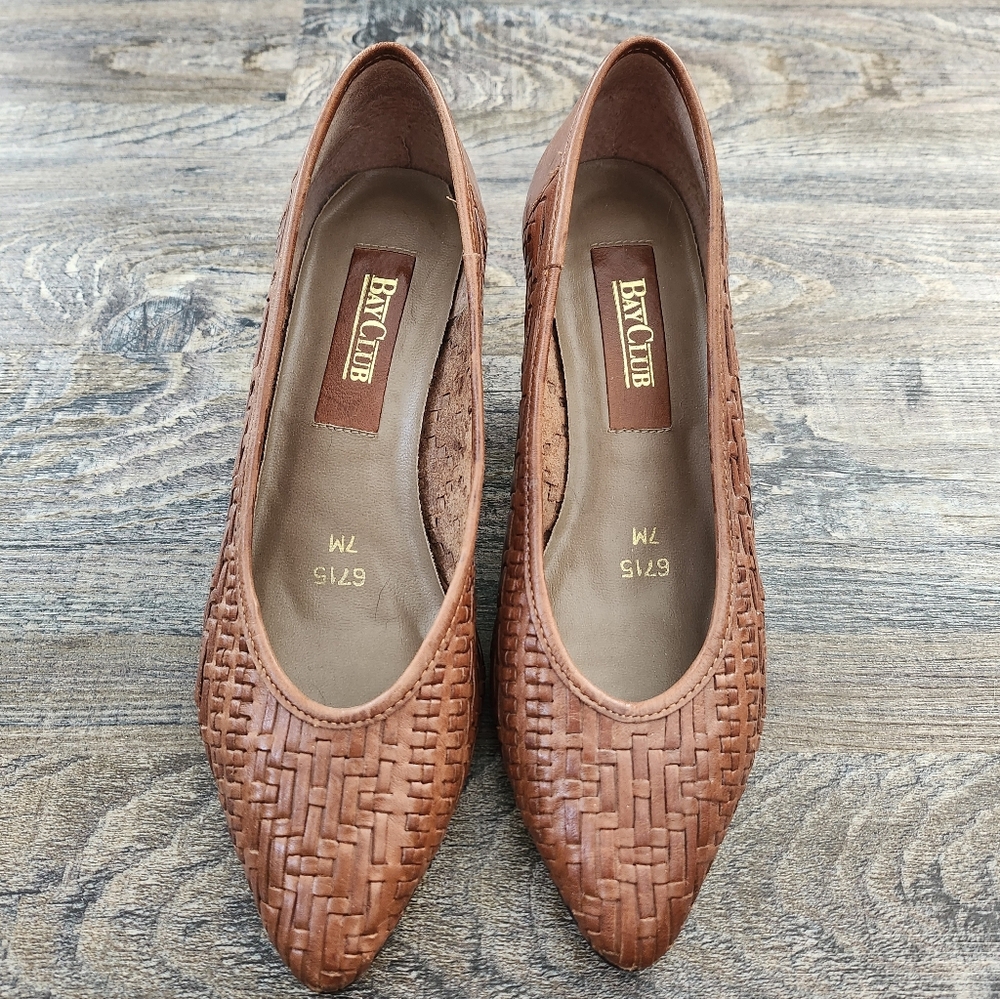 Bay Club Brown Woven Leather  Heel Shoes, Size 7M, Made in Brazil